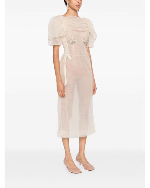 simone rocha sheer embellished midi dress Simone Rocha Crystal-Embellished Midi Dress in White