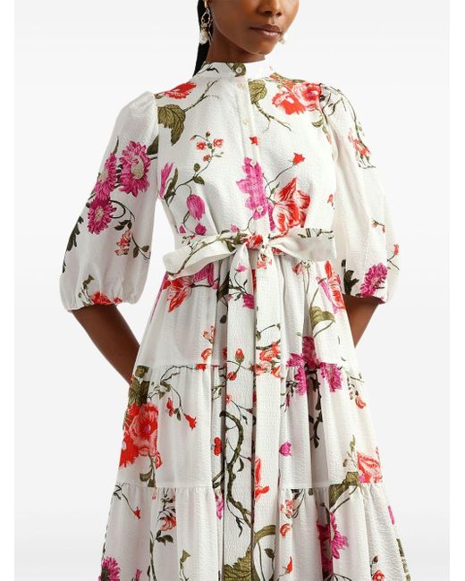Erdem White Floral-print Tiered Seersucker Dress