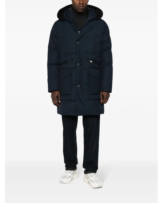 Woolrich Blue Button-Fastening Hooded Padded Coat for men
