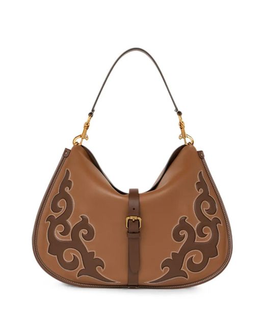 Etro Brown Maxi Leather Pony Bag With Texan Embroidery
