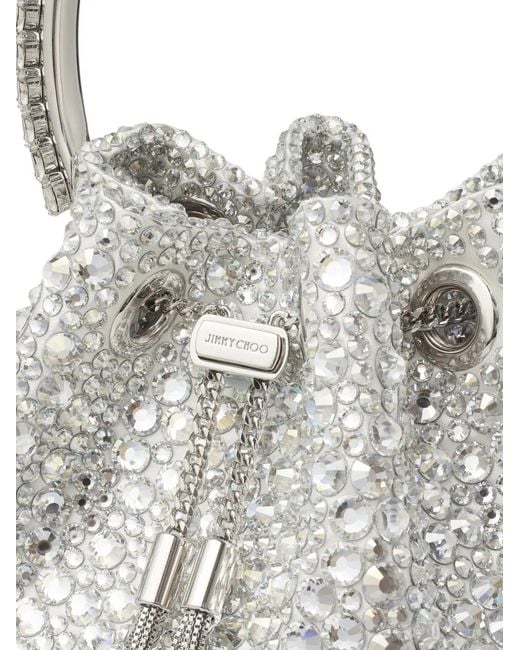 Jimmy Choo White Bon Bon Crystal-Embellished Circle-Handle Bucket Bag