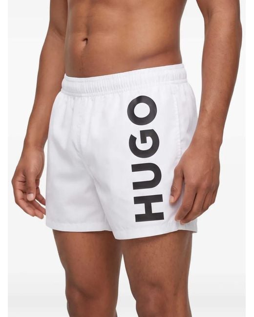 HUGO White Logo-Printed Swim Shorts for men