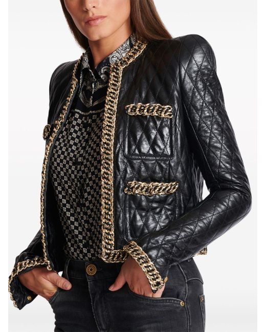 Balmain Black Chain-Detail Quilted Leather Jacket