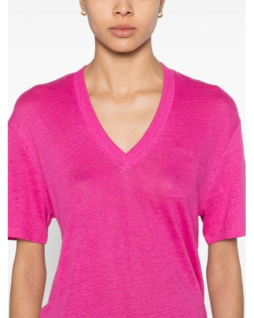 T-shirt en lin à col v Boss en coloris Pink