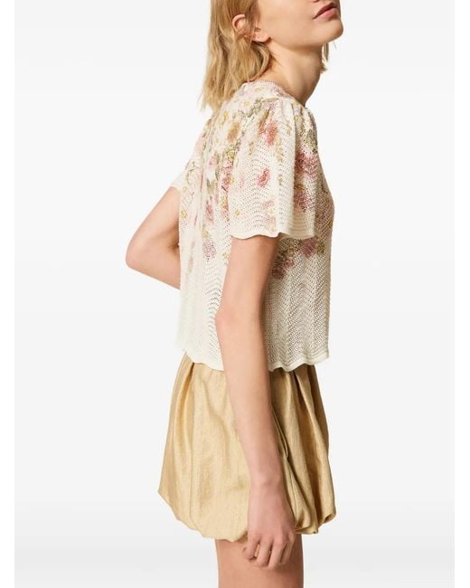 Twinset White Floral-Pattern Knitted Top