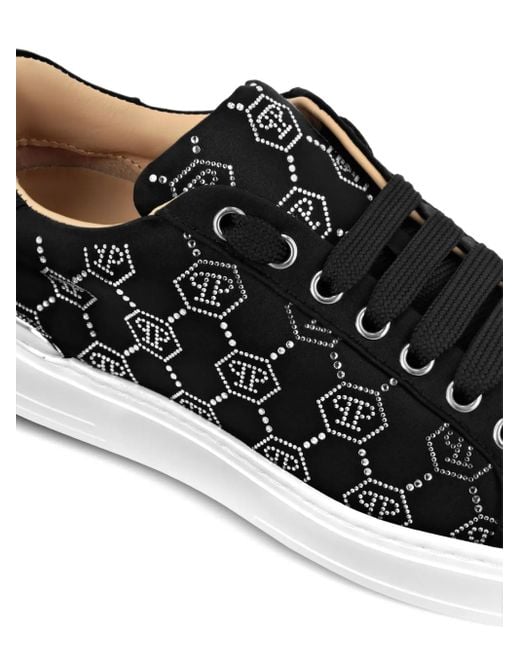 Philipp Plein Black Rhinestone-Embellished Satin Sneakers