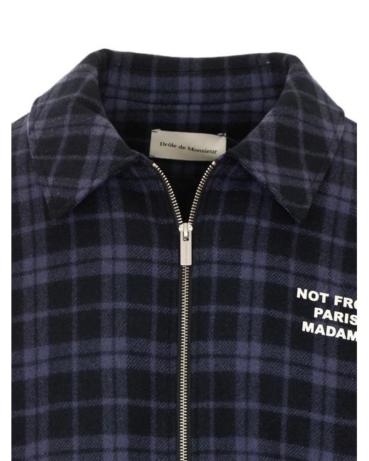 Drole de Monsieur Blue Check-Pattern Slogan Jacket for men
