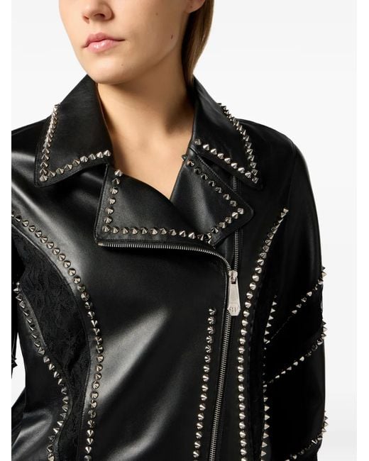 Philipp Plein Black Biker Jacket With Lace Inserts
