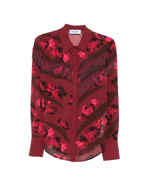 Blugirl Blumarine Red Floral-Print Fringe Shirt