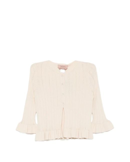 Twinset Natural Ruffled-Detail Ribbed-Knit Cardigan