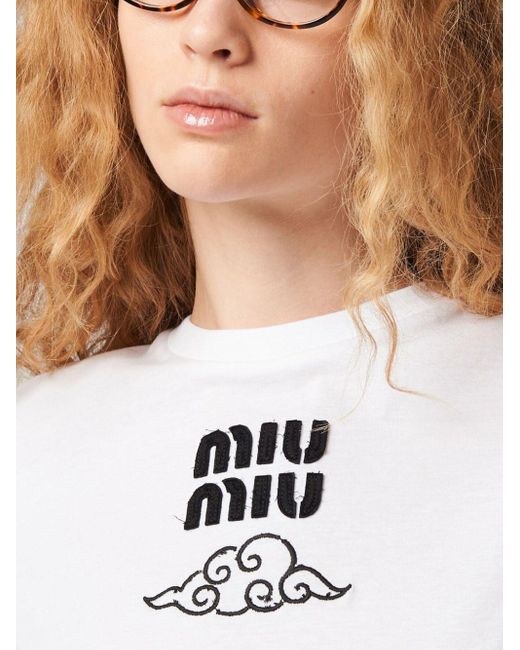 Miu Miu T-shirt Met Geborduurd Logo in het White