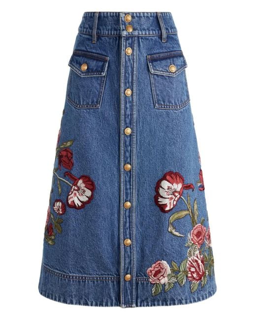 Alice + Olivia Blue Dahlia Embroidered Denim Skirt