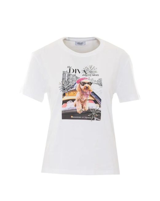Liu Jo White Graphic-Print Rhinestone-Embellished T-Shirt