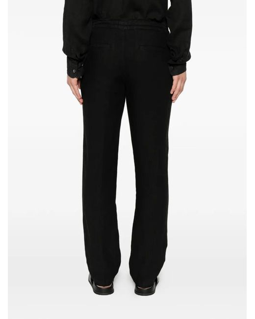 120% Lino Black Drawstring-Waist Straight-Leg Trousers for men