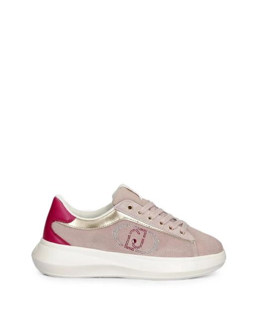Liu Jo Pink Rhinestone-Logo Suede Sneakers
