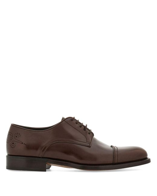 Ferragamo Brown Perforated-detailing Leather Derby Shoes for men