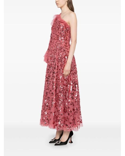 Needle & Thread Red Falling Leaves One-Shoulder Ankle Gown