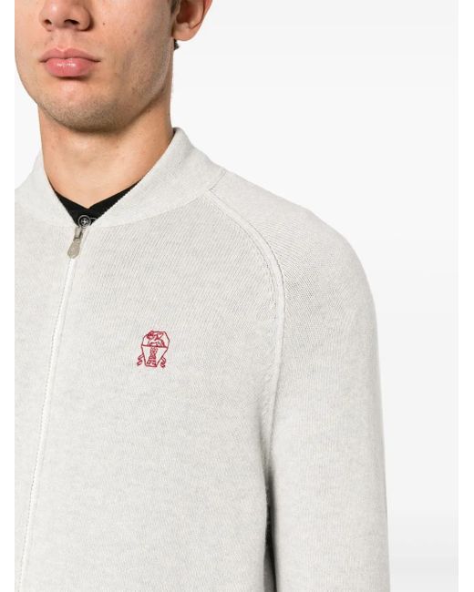 Brunello Cucinelli White Logo-Embroidery Cashmere Cardigan for men
