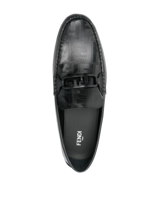Fendi Black Logo-Print Leather Loafers for men