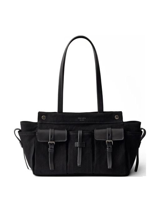 Prada Black Route Large Canvas And Leather Tote Bag