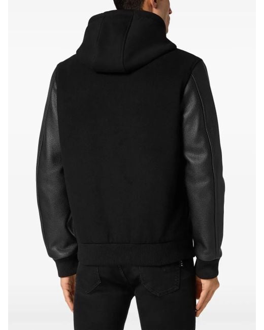 Philipp Plein Black Logo-Appliqué Panelled Hooded Jacket for men