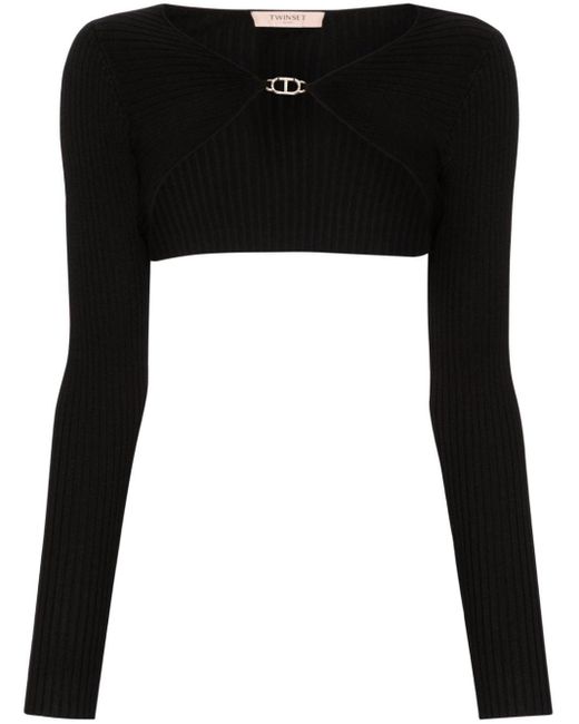 Twin Set Black Logo-plaque Cropped Knitted Top