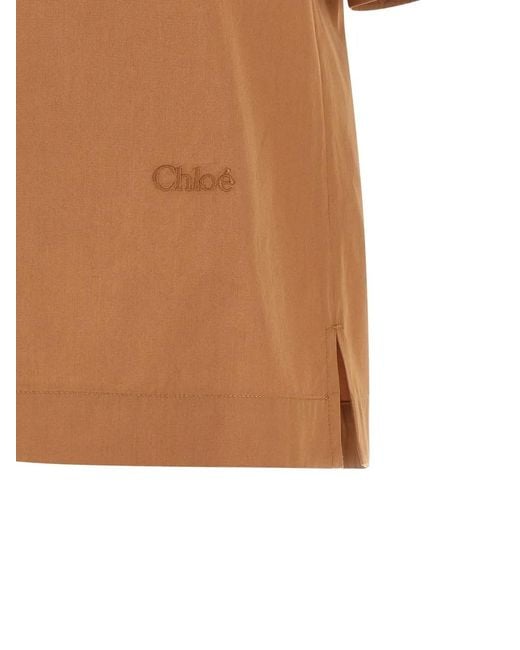 Chloé Brown Logo-Embroidered Gathered Shirt