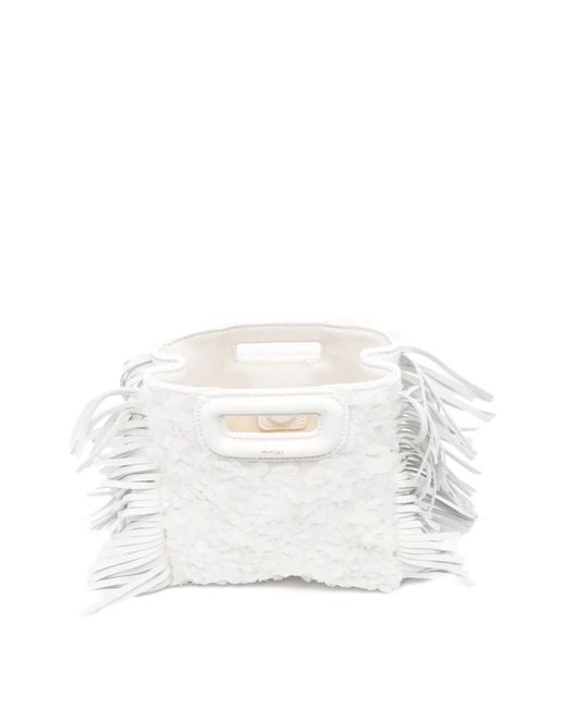 Maje White Mini M Fringe Sequin Bag