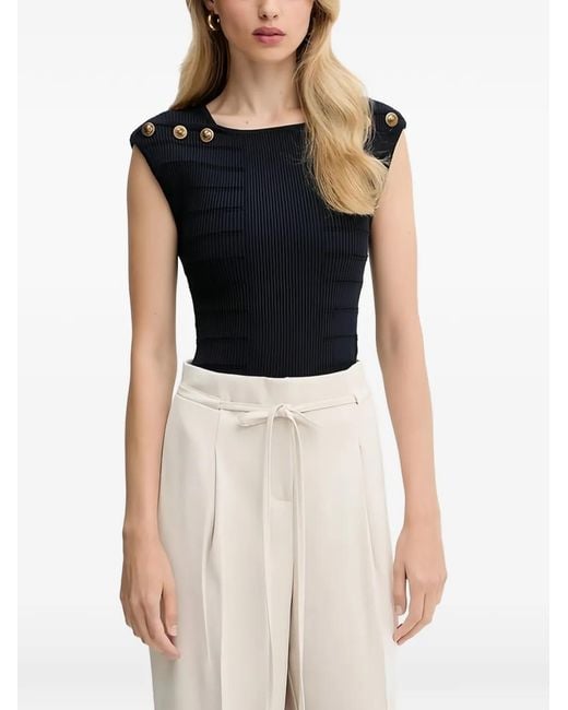 Guess Black Button-Embellished Ribbed Top