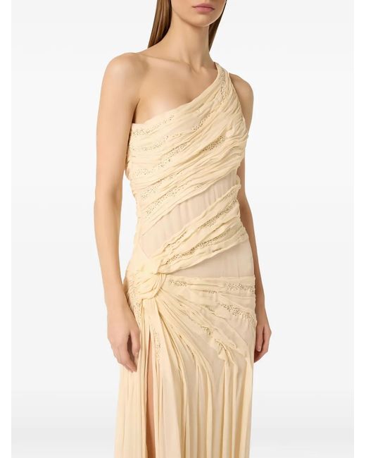 Elisabetta Franchi White One-Shoulder Beaded Maxi Dress