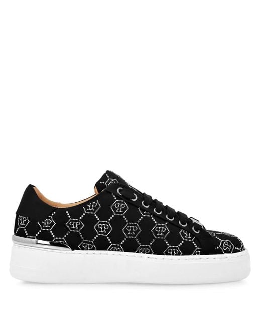 Philipp Plein Black Rhinestone-Embellished Satin Sneakers