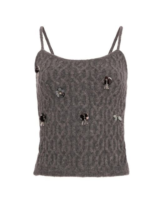 Fracomina Gray Floral-Appliqués Cable-Knit Tank Top