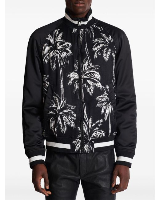 Balmain Black Palm Tree-print Satin Bomber Jacket for men