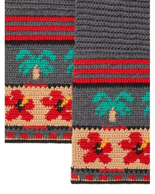 Alanui Gray Hibiscus Bloom Palm-Tree Wool Scarf