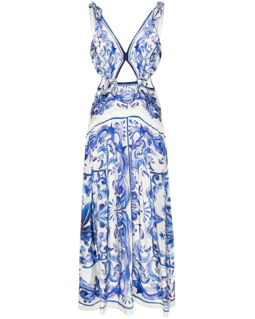 Farm Rio Blue Garden Tiles-Print Flared Maxi Dress