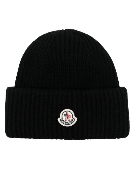 Moncler Black Gerippte Beanie Mit Logo-Patch
