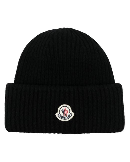 Moncler Black Logo-Patch Ribbed Beanie