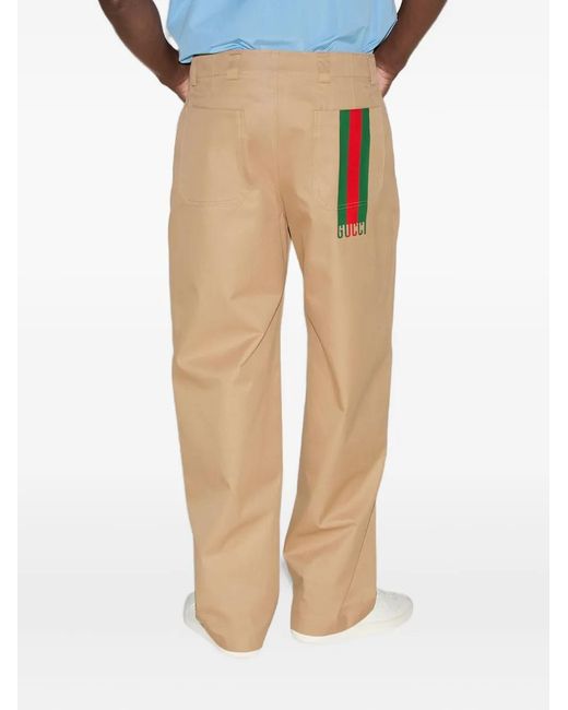 Gucci Natural Web-Striped Cotton Twill Trousers for men