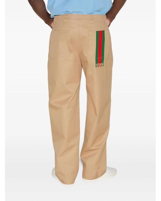 Gucci Natural Web-Striped Cotton Twill Trousers for men