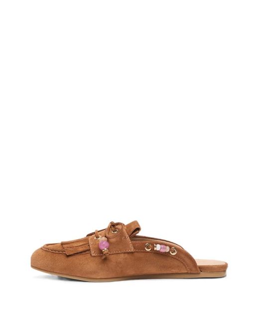 Stuart Weitzman Brown Majorca Tinsley Bead-Embellished Fringe Mules