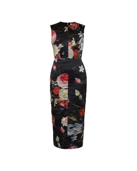Erdem Black Floral-Print Crinkled Satin Midi Cocktail Dress