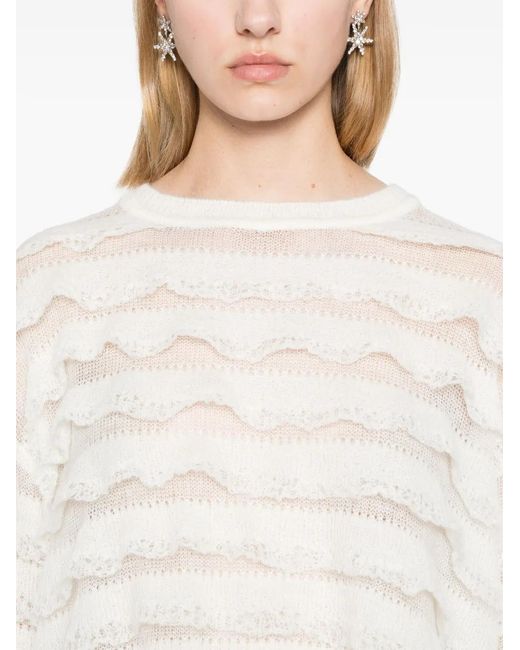 Twinset White Ruffled Open-Knit Jumper