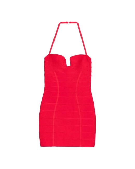 Hervé Léger Red Holly Bandage Halterneck Mini Dress
