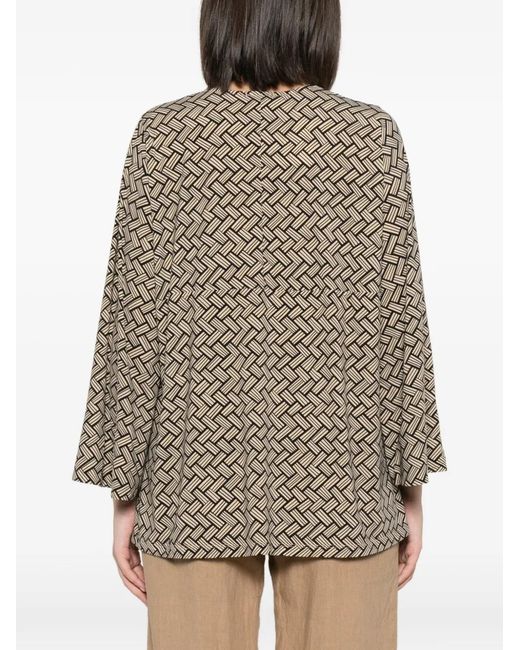 Siyu Brown Geometric-Pattern V-Neck Blouse