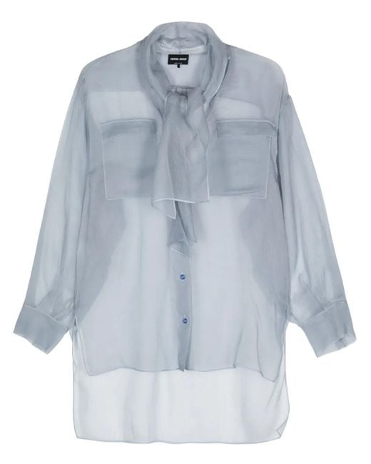 Giorgio Armani Blue Scarf-Detail Organza Shirt