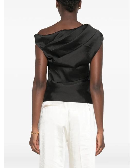 Self-Portrait Black Asymmetric-Neck Draped Top