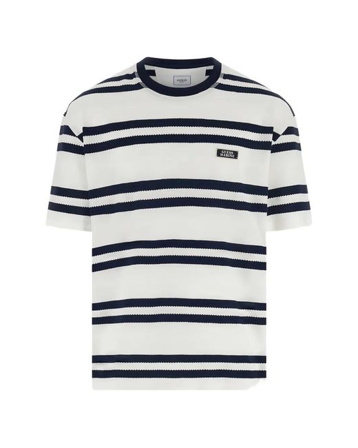 Guess White T-Shirt Rayé À Patch Logo for men