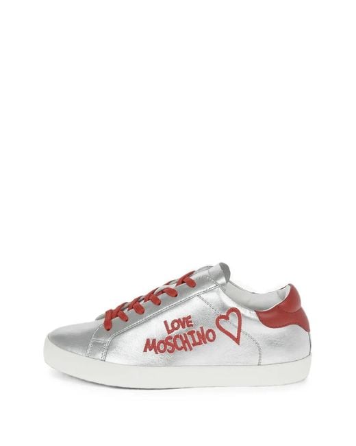 Moschino White Love Logo-Embroidered Laminated-Leather Sneakers