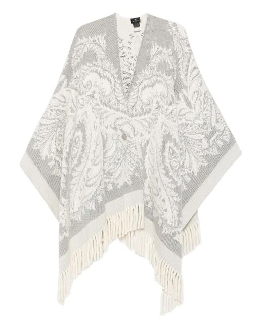 Etro White Paisley-Pattern Fringed Poncho
