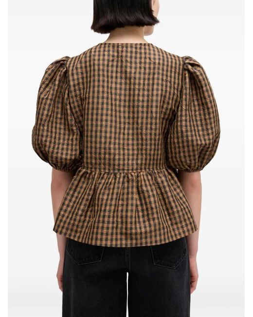 Ganni Brown Crinkled Check Blouse
